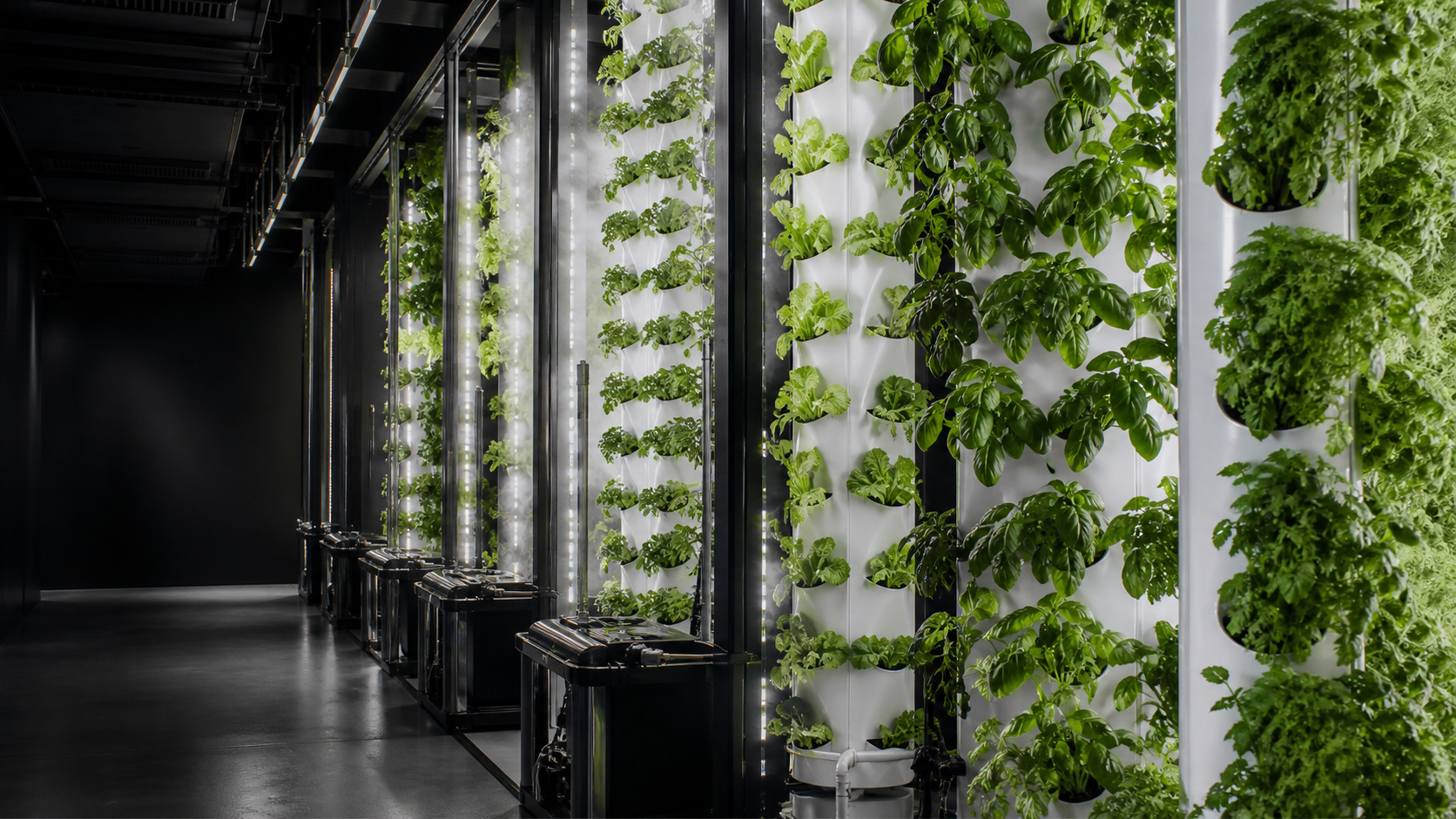 Fermach vertical hydroponic towers with vegetables, berries and greens